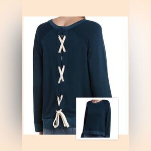 Monrow Navy Blue Lace Up Back Scoop Neck Long Sleeve Top